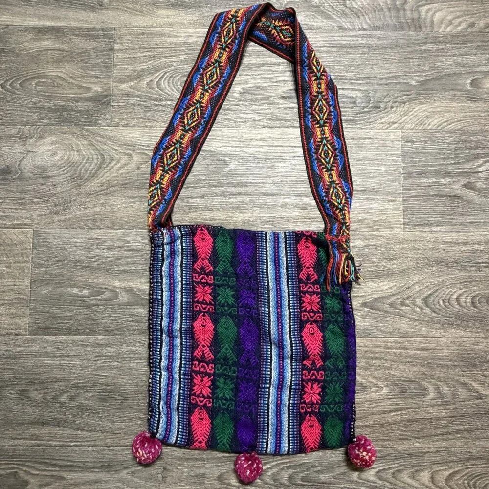 Multicolor Woven Bag Nepal Fish Motif PomPom Bohemian Grunge Festival 90s VTG
